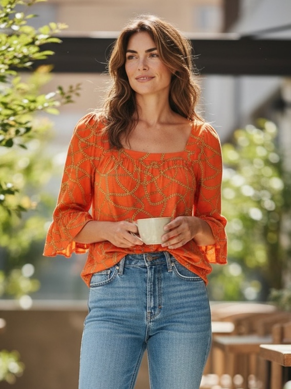 MICHAEL KORS Orange Printed Gold Chain Square Neck Bell Sleeve Top